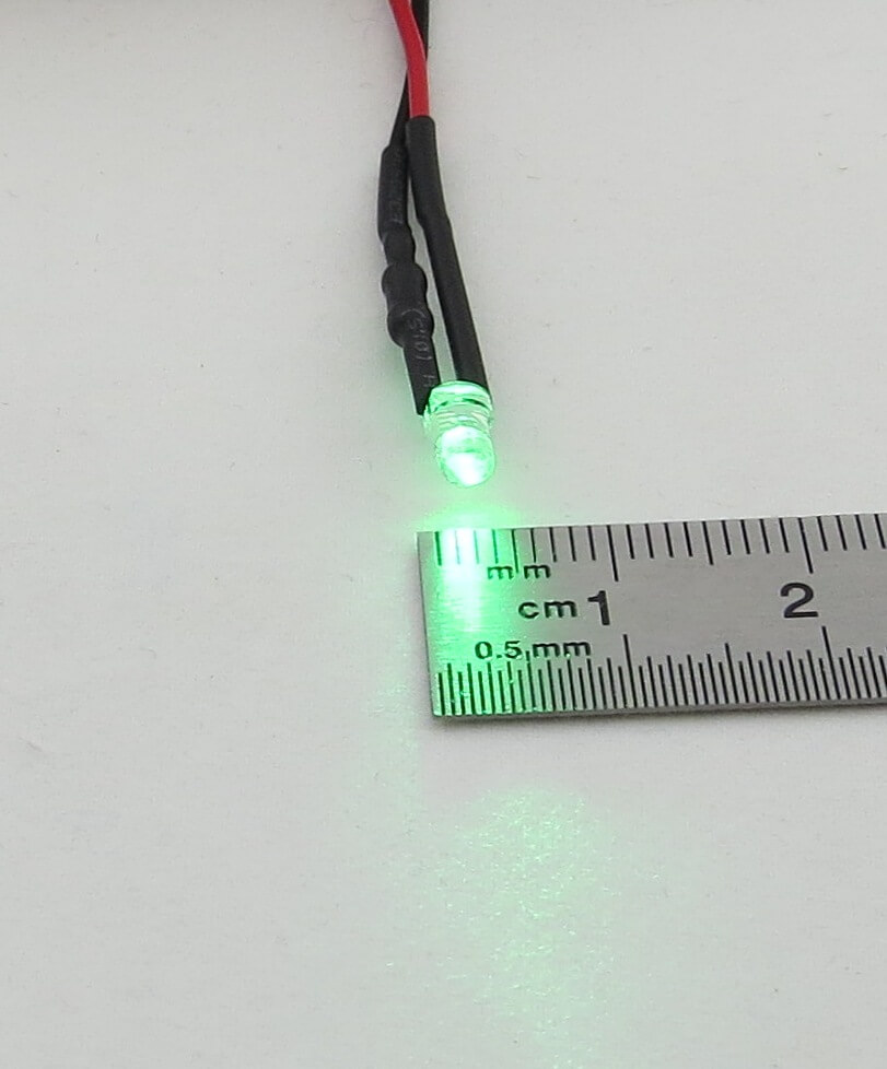 LED grün 3mm, klares Gehäuse, mit ca. 25cm Litzen, mit