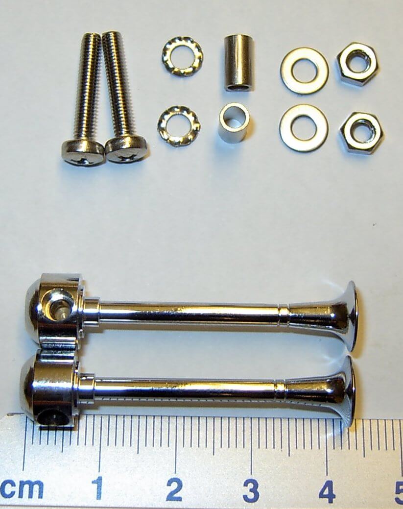 Signalhörner mit Halter ca. 43mm lang,   Metall, verchromt Signalhörner mit Halter ca. 43mm lang,   Metall, verchromt