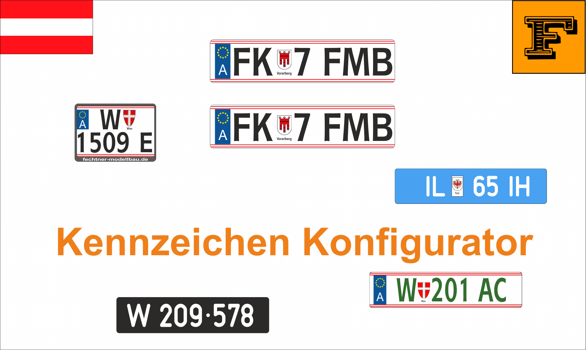 Euro-Kennzeichen-Set "ZUG" Konfigurator. 3 Kennzeichen AUT