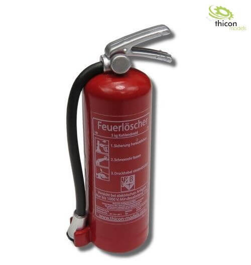 Feuerlöscher, rot, mit schwarzem Halter. Mit detailierter