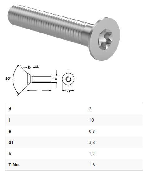 100 Senkschrauben mit Innensechsrund,    M2x10mm. DIN 965, N